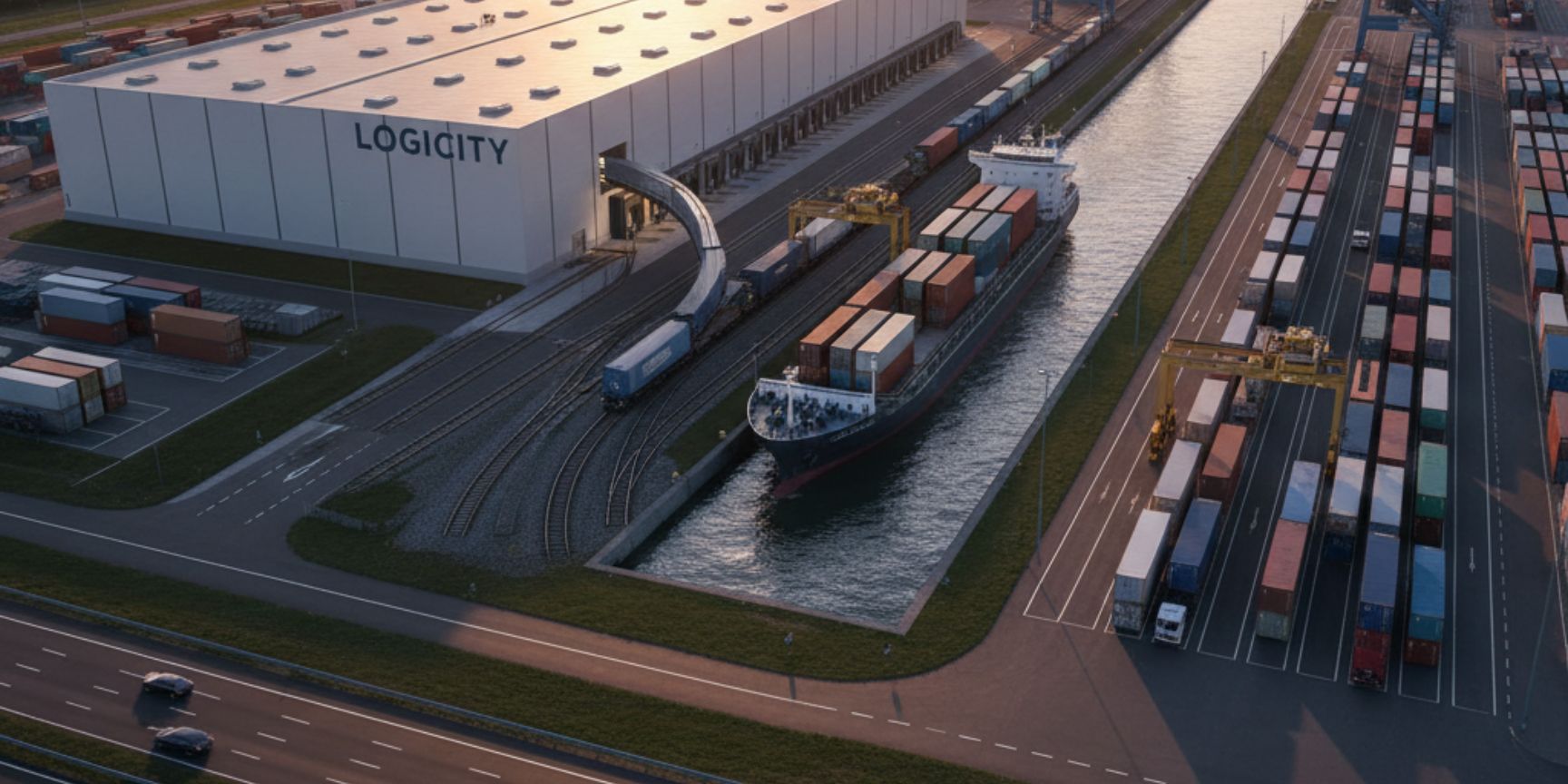 Eine weitläufige trimodale Logistikdrehscheibe bei Sonnenuntergang, die eine moderne Lagerhalle mit direktem Gleisanschluss, ein Binnenschiff in einem Kanal und eine vierspurige Autobahn mit Lkws zeigt. Im Hintergrund sind zahlreiche Containerterminals mit Kränen und gestapelten Containern zu sehen. Das Bild verdeutlicht die nahtlose Integration von Wasser, Schiene und Straße für effizienten Güterumschlag